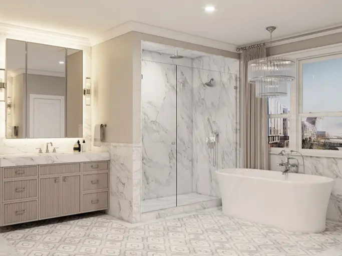 Bathroom design inspiration with a glass shower enclosure, freestanding tub, and marble finishes
